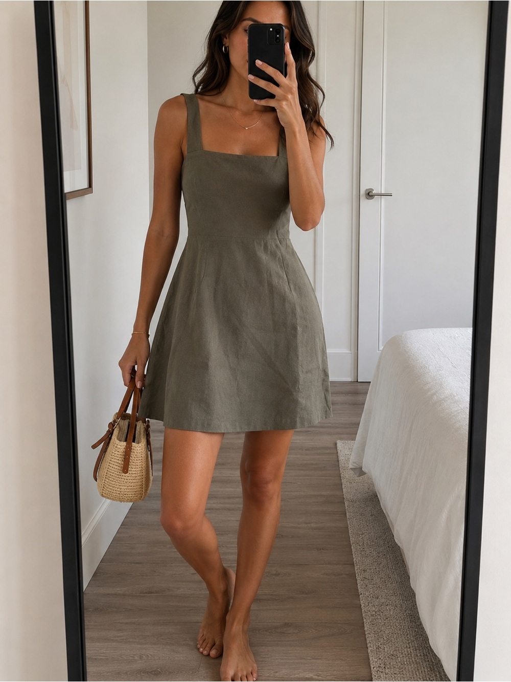 Theory Minimalist Square Neck Fit & Flare Mini Dress Olive Green Linen Blend  6